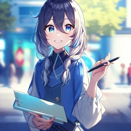 Clear focus, High resolution, a anime kid, cute, cartoony style, smiling, hair between eyes, holding a pencil, small forhead, female, medium length hair, long locks, lots of bangs