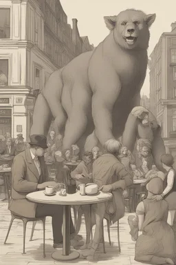 Humans appearing as beasts in a cafe street scene