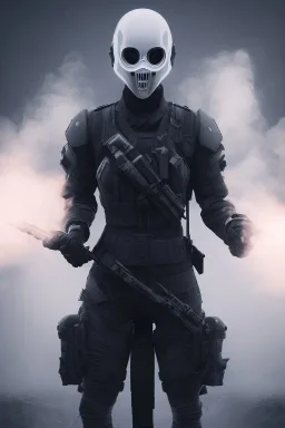 All Black female british soldier, ghost, wearing high tech mask, white smoke, dark, rage, sorrow, high definition, ultra 8 k, volumetric lighting, blue fire, fog