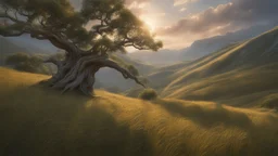 An endless steppe undulating with Hills covered in ancient white oaks glowing with magic. a wyven hiding in the grass. fantasy concept art, exquisite realism, a masterpiece, dynamic lighting, hyperdetailed, intricately detailed, deep color, Unreal Engine, volumetric lighting , Epic cinematic brilliant stunning intricate meticulously detailed dramatic atmospheric maximal,