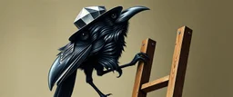 crow dad, faceted portrait, wearing mirror hat, climbing ladder, writing with chalk a nice little dog poem in the style of escher and bach