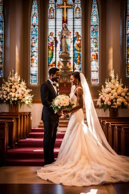 "Picture a timeless moment inside a majestic, sunlit church where a radiant bride and her dashing groom are standing at the altar. The bride is resplendent in her white wedding gown, adorned with intricate lace and a flowing train that cascades gracefully behind her. She holds a bouquet of fragrant, pastel-hued flowers, her eyes shimmering with happiness and anticipation. The groom, in a classic black tuxedo, stands beside her, wearing a warm, proud smile. The church is bathed in soft, golden li