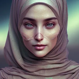 close up portrait of woman in hijab, fine detail, highly intricate, modern surrealism painting, defined cracks and breaks, high-quality, volumetric lighting, 8k, ultrahd, George Grie, Marco Escobedo, Igor Morski,Brian Froud, Howard Lyon, Selina French,