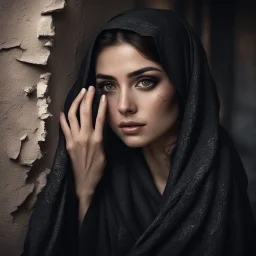 Hyper Realistic Young-Beautiful-Pashto-Woman-With-Beautiful-Eyes in black shawl peeking-half-faced with beautiful hands-&-nails behind a cracked-wall at night with dramatic & cinematic ambiance