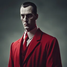 a sinister figure wearing a red suit with a red tie and a priest's clerical collar with no face and dirty slicked back hair