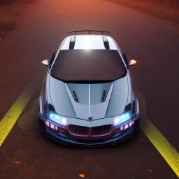 exterior arial drone photo outdoor car near woods at night, 8k hdr