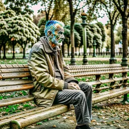 The figure of a man in a park sitting on a bench, thinking about complex issues.