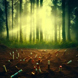 a forest made of cigarette butts. post-apocalyptic, hyperdetailed, lens flare, bokeh, low-key lighting, kodachrome