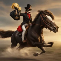 l /imagine photo-realistic Pepe riding a galloping stallion, holding an overflowing bag of bitcoins, being chased by a female hamburglar