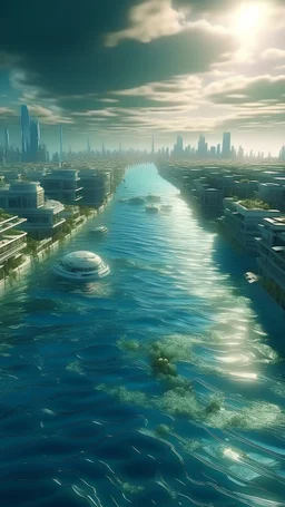 The city of 2023, clean city, Clean sea water. Surreal, wonderful craftsmanship, depth of field, sharp focus, unique art, 8k, mysterious