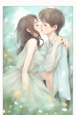 Cartoon painting girl kissing boy transparent fantasy