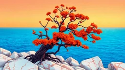 an orange colored-flowered tree with twisted branches, its orange color blooms contrasting a smooth, vibrant blue sea. set against a base of rugged white marble rocks with red streaks. The sky is a soft sunset, drawn with bold lines and a cel-shaded technique to emphasize the striking color contrast.
