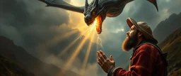 master oil painting by Rembrandt, close up portrait of farmer in Valdres praying below raging dragon, light beams through volume fog sky in mountain pass, dragon cast spells of lightening, motion blurred background, depth of field