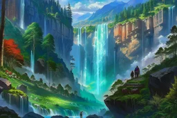 The land of scandinavia, forests, waterfall, travelers on their way, beautiful scenery, 8k, high detail, digital painting, concept art, art by john stephens