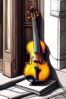 One single mature cat, sleeping in a corner on the street, violin case, Vienna, model style, hyper realistic, extremely accurate, delicate, extremely detailed, Graphic novel style, wide-angle, open aperture, superfine pencil