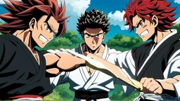 yujiro hanma vs yoriichi tsugukuni, baki vs kimetsu no yaiba, two mans standing in front of each other, a big strong man in black shirt with red hair and evil grin in martial art's stance with bare fists facing a smaller feminine swordsman with long hair and calm face reaching for his sword in traditional japanese clothes both preparing to fight each other