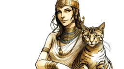 Illustrate a captivating image of a girl resembling Cleopatra, holding a cat, against a white background. Specify a hand-drawn style with strokes, emulating the Paleolithic art style. Ensure the composition captures the essence of ancient artistry, creating a visually unique and evocative scene depicting the girl and her feline companion.