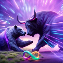 brightly coloured 3D infinity symbol ∞, bull with horns on right beating a bear on left in a fight, DSLR with a 80mm lens, set to f/16 and a slow shutter speed of 1/15s, striking, neon, vibrant, chiaroscuro, dramatic, captivating, high-tech, powerful, fantasy, beautiful, octane render, 16k post-production, artstation: award-winning: atmospheric: commanding: fantastical: clarity: ultra quality: striking: brilliance: stunning colors: amazing depth; lens: f/11, 35mm