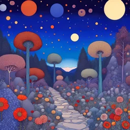 Colourful, peaceful, Max Ernst, Gustav Klimt, night sky filled with galaxies and stars, trees, rocks, giant flowers, one-line drawing, sharp focus, 8k, 3d