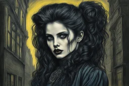 create full body oil pastel of a dark haired, savage, gothpunk vampire girl with highly detailed , sharply defined hair and facial features , in the darkened streets of Victorian London, in the style of JEAN-FRANCOIS MILLET