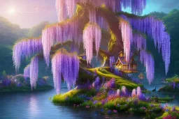 monde en fleurs, flower tree-houses, concept art, crépuscule , fuksia bleu oranger, vibrant Color, réaliste, riviere bleu, tree-house wisteria