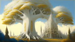 Valinor, tolkien, two giant trees, one giant golden tree, one giant silver tree, surrounded by a giant white castle.
