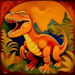 A salmon orange colored earth elemental Tyrannosaurus Rex designed in Australian aboriginal art painted by Thomas Hart Benton