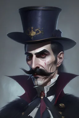 Strahd vpn Zarovich with a handlebar mustache and a top hat