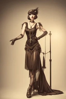 Full Body, burlesque Woman looking to the right, With A Bob With A Fringe Hairstyle, flapper Clothing, Steampunk