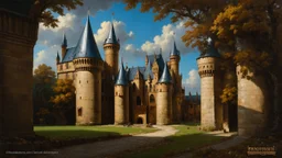 Detailed oil painting of a medieval castle, inspired by the works of Jan van Eyck and Rembrandt, (long shot), dramatic lighting, intricate details of architecture and landscape, realistic textures, vibrant colors.