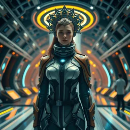 The queen of the future interstellar, wearing sci-fi beautiful clothes, standing in the technology palace, real style, real photo, wide angle, 32K, high resolution, high quality