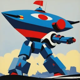 [art by Nicolas de Staël: solid areas of primary colors] UFO Robot Grendizer: Grendizer is a giant monster robot that interfaces with Spacer (Spaizer), a flying saucer that enables the robot to fly.