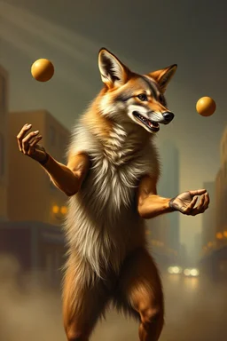 aardwolf man juggling, painting by Rembrandt, with motion blur city background, and volume light fog with sunlight rays