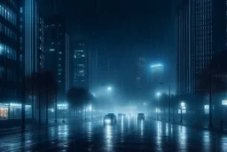 A city in the future is at night and it's raining and it's foggy.
