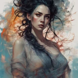 Beautiful woman with black hair, large bosoms, WLOP, Carne Griffiths, Pixar, Norman Rockwell, intricately detailed concept art, 3d digital art, bright colored background, cinematic, Reimagined by industrial light and magic, 8k processing", Lou Xaz