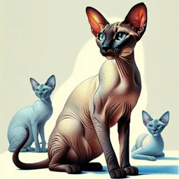 beautiful blue eyed, tall ,long legged, slender, elegant, sophisticated, sphynx-like chocolate point siamese cat expressionism pointillism style