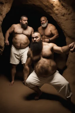 full figure shot photography of two chubby stocky arabs prisoners fighting close, 49 years old in white boxer and dirty tank top, short hair, beard, hairy, sweat, tattoo, in a dark cave, ugly, bullneck, muscular, manly chest, manly arms, emotive eyes, photorealistic, ultradetailed, 32k, ambient occlusion, lit by bonfire, misery and poverty, side view from below