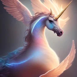  surreal unicorn with glowing wings, glowing soft and smooth wings, shadow, abstract surreal fantasy art, highly detailed, intricate patterns on wings, soft studio lighting, smooth dark blue background 64k