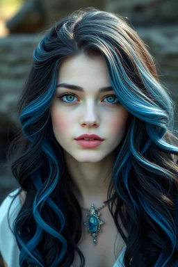 fantasy white teen that is the princess of water magic that has black and blue wavy hair and green eyes