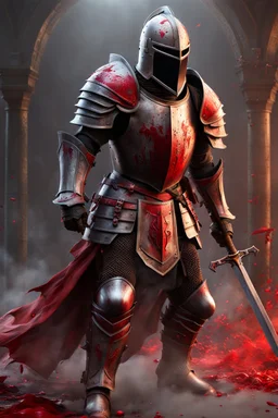 full bodyshot of a Horror Knight covered in blood. open helmet. broken skull. Armor made of screaming faces. , , volumetric fog, Hyperrealism, breathtaking, ultra realistic, unreal engine, ultra detailed, cyber background, Hyperrealism, cinematic lighting, highly detailed, breathtaking, stunning temple environment