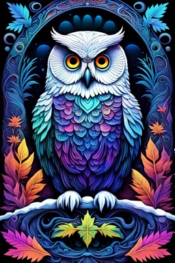 a snow owl, 3D embossed textured ethereal image; midnight hues, extreme colors, snow owl by a river; trippin', psychedelic, groovy, art nouveau; indica, sativa, leaves, gig poster art, macabre, eldritch, bizarre, extreme neon colors, mixed media, velvet, blacklight, uv