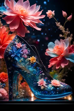 a close up of a glass shoe on a display, inspired by David LaChapelle, glass flowers, high quality product image , coral reef, flora and fauna, cosmic nebula, dark background christian dior style, with frozen flowers around her, stunning-design, beutifull, side profile artwork, glass paint, multicoloured, displayed, backlight