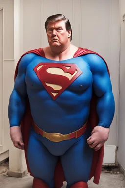 morbidly obese superman with donald trump's head and his gut hanging out