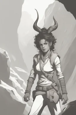 A DnD character. A female horned Tiefling ranger with pointy ears standing in a cave. The Tiefling has curly hair and a little pterosaurs on her shoulder.