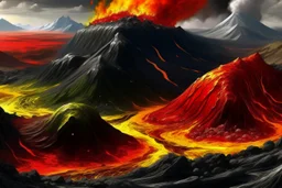 acidic soil with lava and mountains , red white yellow black colors , magic the gathering style, hyper realistic style