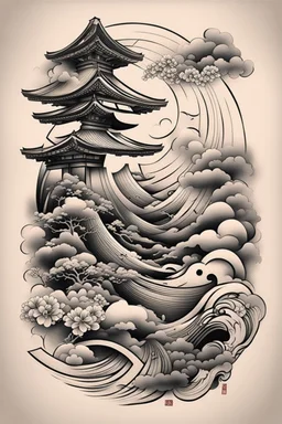 Create a captivating modern 2d Japanese tattoo design for print , using the elegant influences of japan art style, for print, dynamic elements from fashion and design, and bold Japanese art aesthetics, framing centered in the center, distanced from the edges of the paper perimeter, perfect anatomy, bauhaus, Divine Proportion,