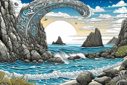 rocky seashore with natural rocky arch, zentangle Modifiers: line art zentangle mars™ oyama TingaTinga style