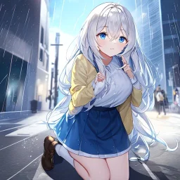 Clear focus, High resolution, Rough line, white long fluffy hair, hair between eyes, blue eyes, wearing a yellow jacket, wearing a white shirt, wearing a blue short skirt with a white line near the bottom, wearing black long socks and brown shoes, raining