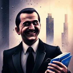 water color art,mafia family boss grinning with black greasy hair, holding up black magnum and wearing suit, city streets in background,run for cover, book illustration