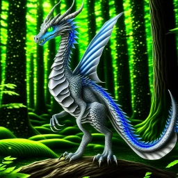 A dragonoid human with silver scales along with a long, flexible tail in a magical forest